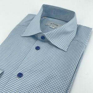 Eton Shirt Mens Small Blue Check Slim Fit Brighton Cotton‎ Dress Long Sleeve